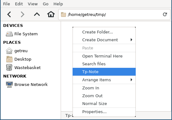 Right-click on or in the new note’s destination folder and start Tp-Note